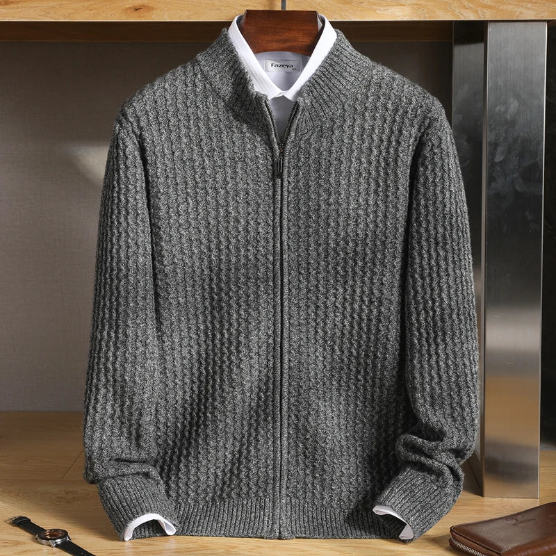 Herren Strukturierter Reißverschluss Merino Strickjacke - Image 3