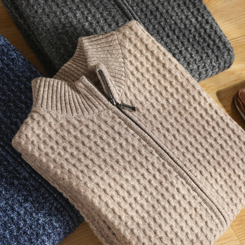 Herren Strukturierter Reißverschluss Merino Strickjacke - Image 4