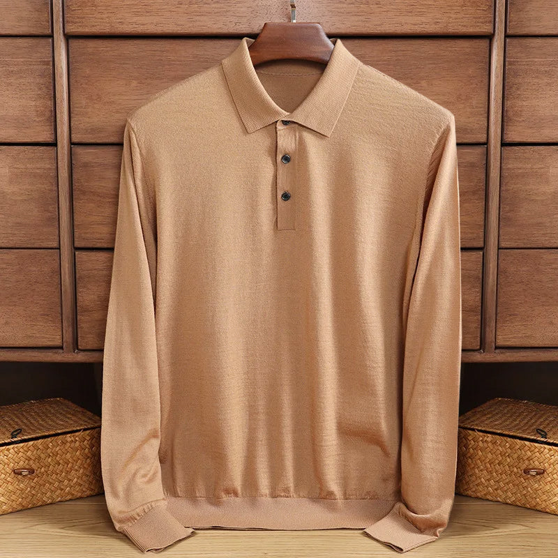 Elegantes Herren langarm Shirt mit Polo Kragen aus Merino Wolle - Image 2