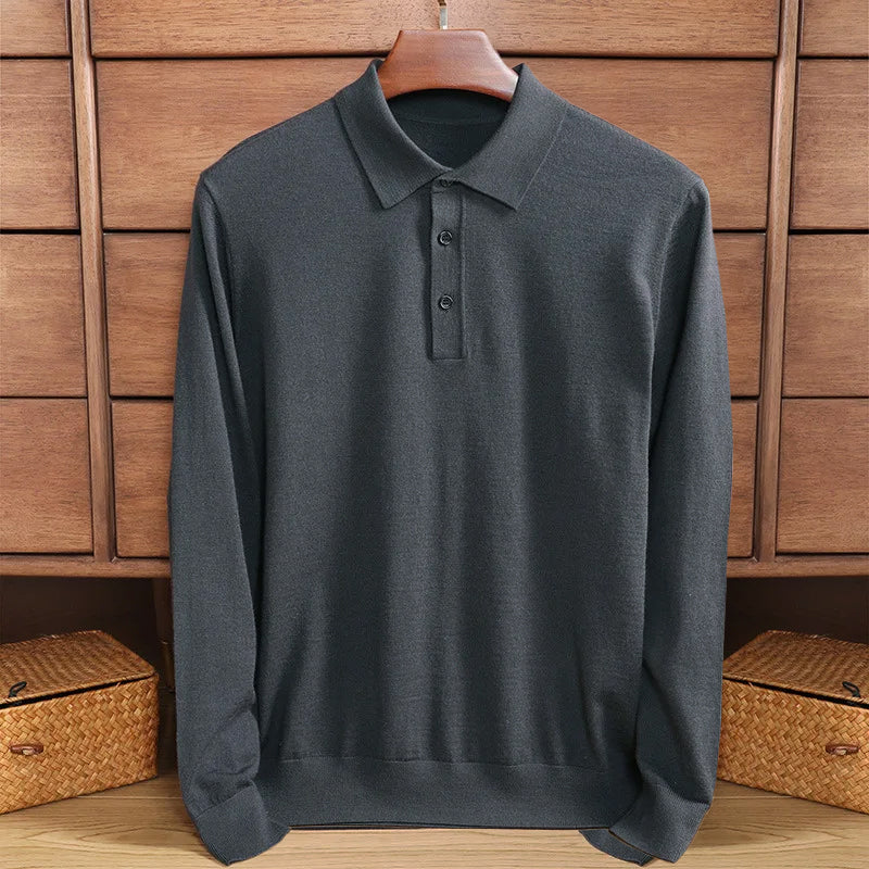 Elegantes Herren langarm Shirt mit Polo Kragen aus Merino Wolle - Image 5